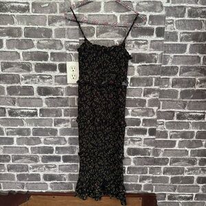 Isalis smocked midi dress Black floral print layered tiered